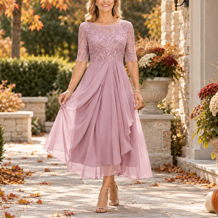 Avi | Lace Bodice Draped Midi Dress
