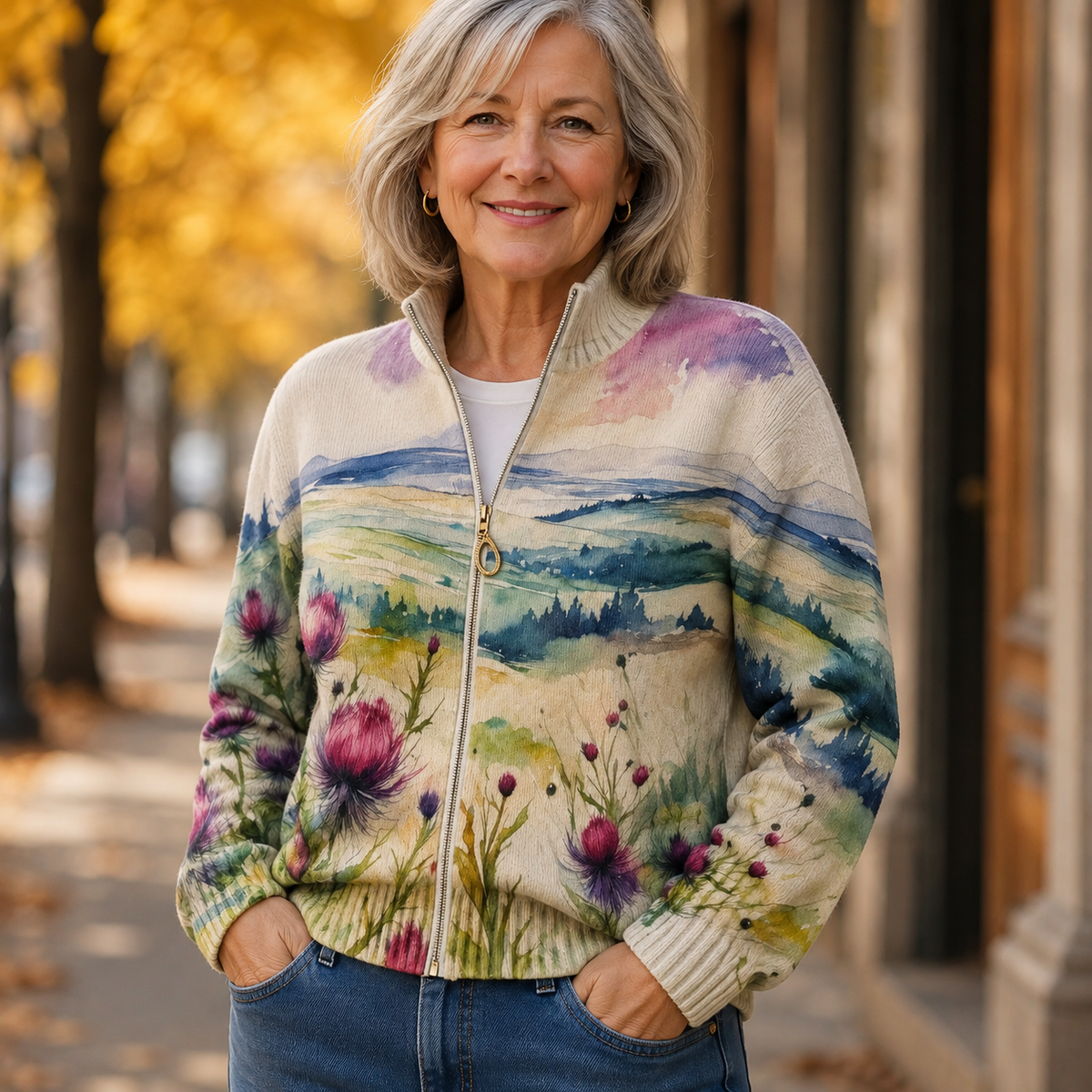 Marilyn | Thistle Landscape Zip Cardigan