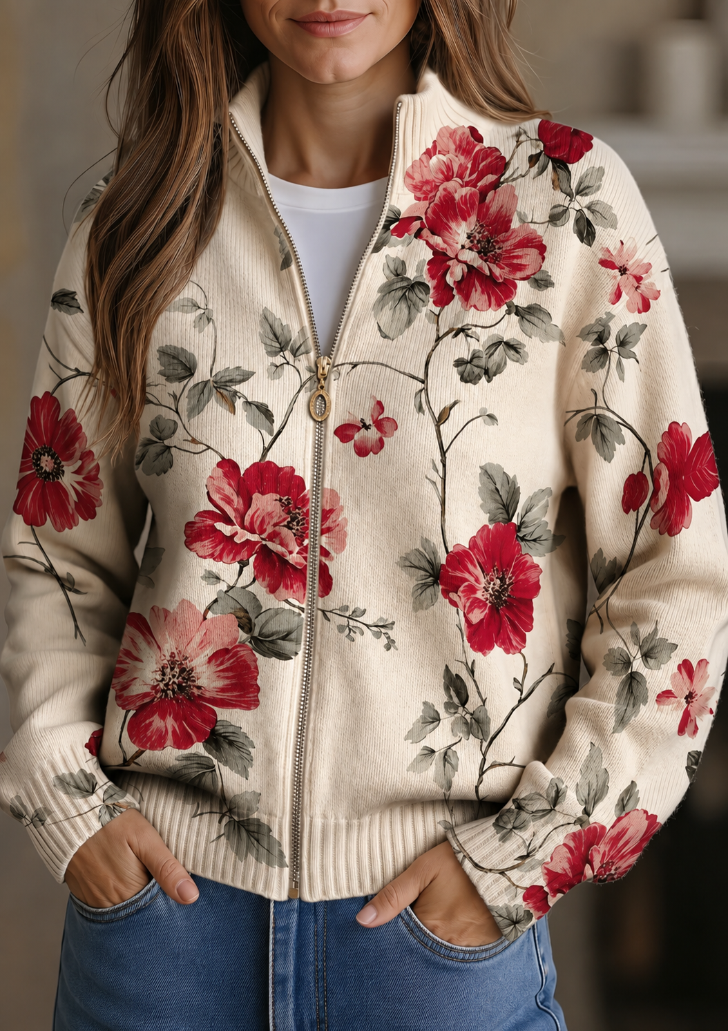 Yvonne | Vintage Rose Zip Cardigan