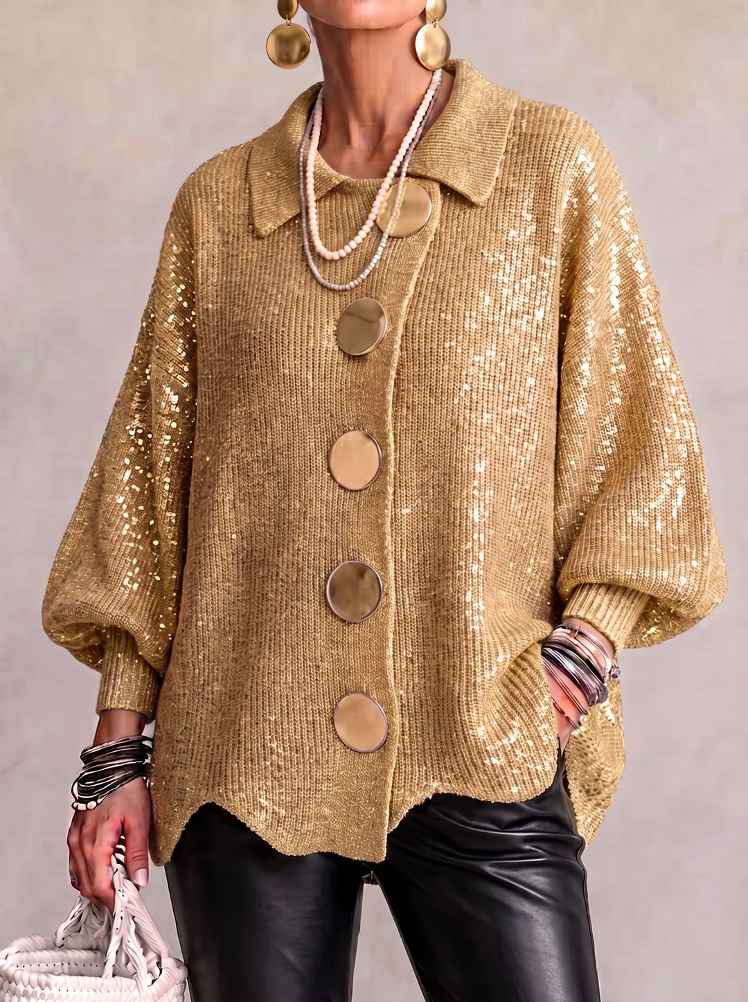 Pearl | Oversized Collared Cardigan With Large Metal Buttons
