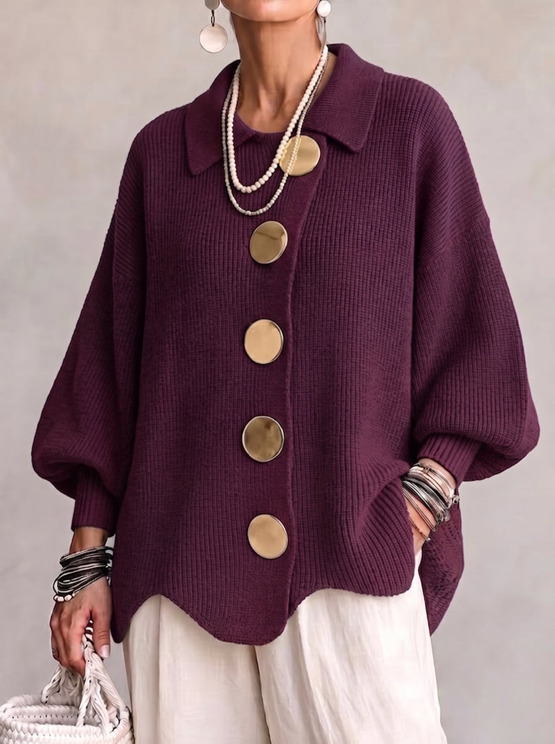 Pearl | Oversized Collared Cardigan With Large Metal Buttons