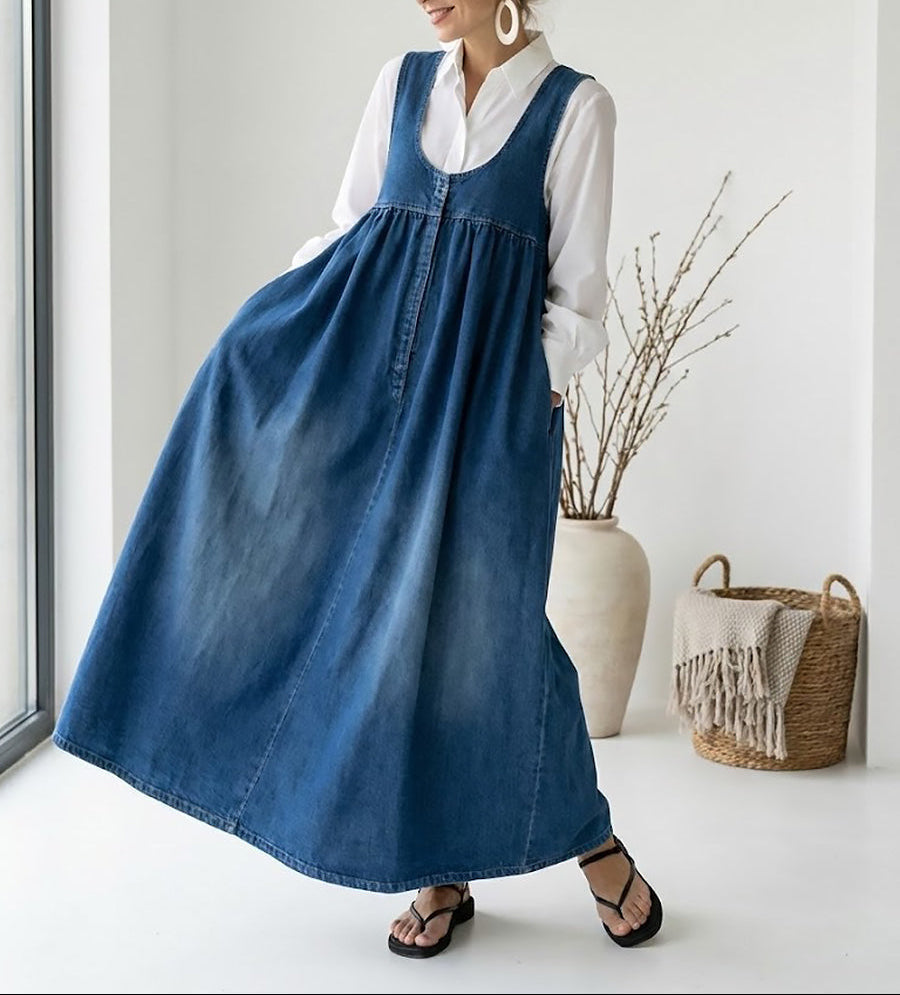Miranda | Vintage Soft Cotton Feel Denim Maxi Dress