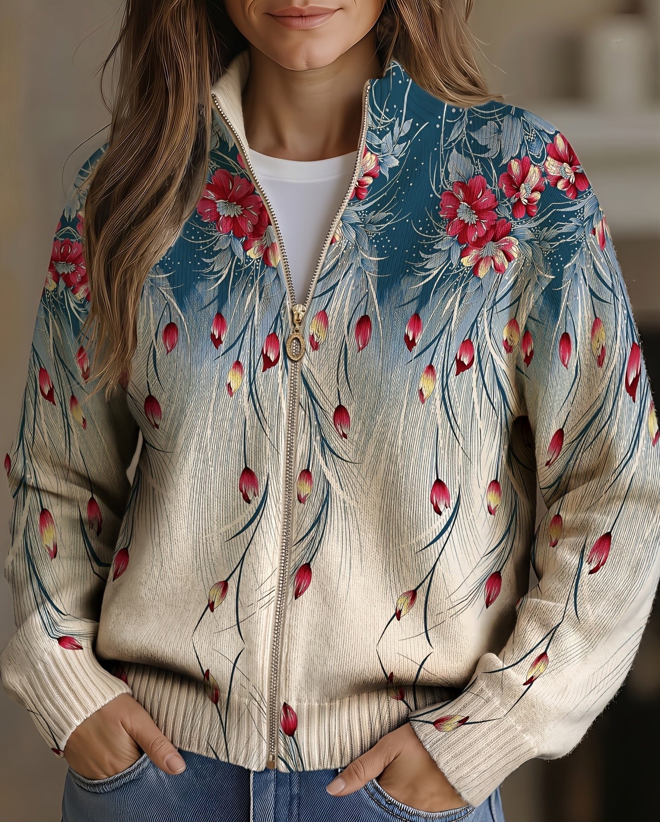 Pauline | Floral Peacock Zip Cardigan